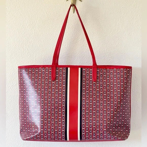 Tory Burch Gemini Link Large Red Logo Coated Canvas Vinyl Tote Bag - Picture 3 of 16